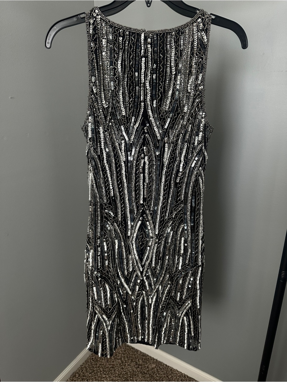 Adrianna Papell Black & Silver Beaded V-Neck Mini Dress - Gatsby/Flapper Style - Picture 2 of 3